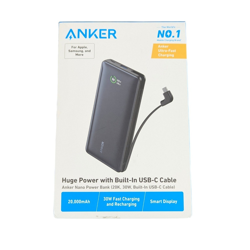 Cc3O Anker - Nano Power Bank (20,000mAh, 30W PD w/‎ built in USB-C Cable) Black